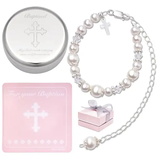 Tryuunion Sterling Silver and Cultured Pearl Baptism Bracelet for Baby Girls in a keepsake box.