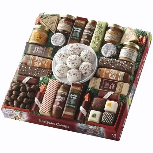 The Swiss Colony 27 Favorites red holiday gift box with assorted snacks