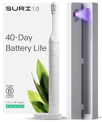 SURI 1.0 sonic electric toothbrush in white with a UV-cleaning travel case.