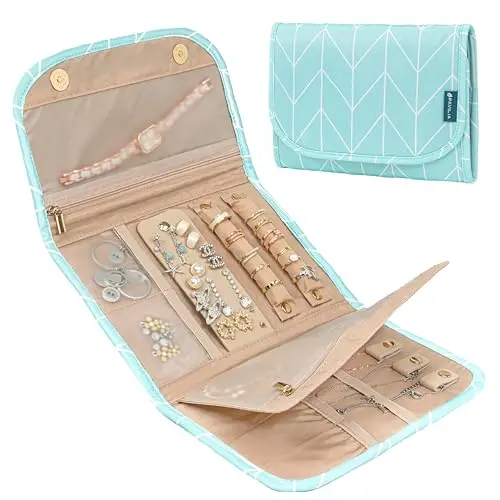 PAVILIA teal chevron foldable travel jewelry roll organizer bag unfolded