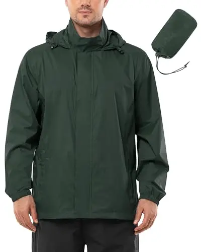 Outdoor Ventures men's lightweight rain shell with packable pouch, ideal for travel or casual wear