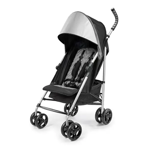 Summer Infant 3Dlite ST lightweight stroller folded and standing in a park setting