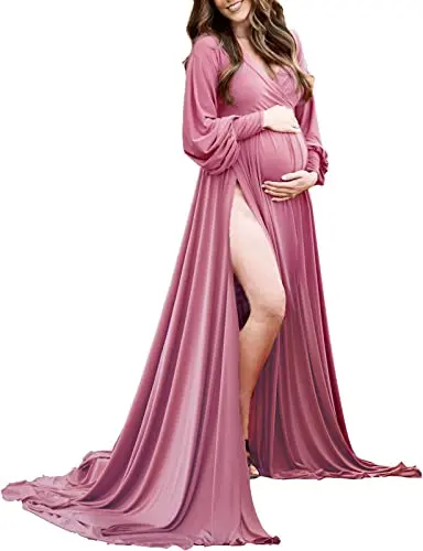 Light purple maternity gown with dramatic bishop sleeves for photoshoot