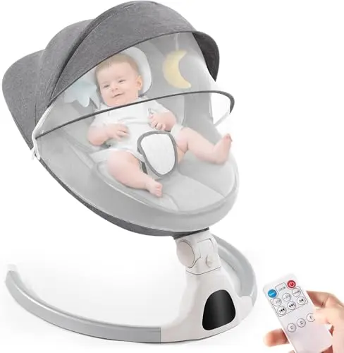 GYARING portable baby swing in grey with a remote control on a neutral background.