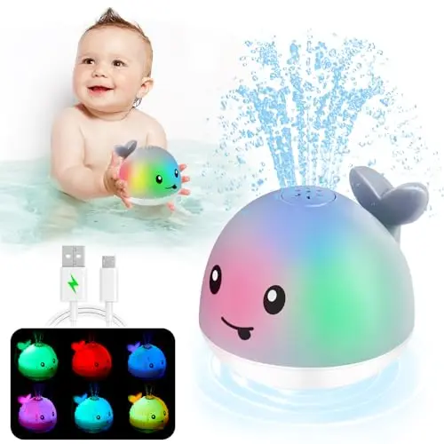 ANGGIKO light-up whale bath toy spraying water with colorful LED lights.