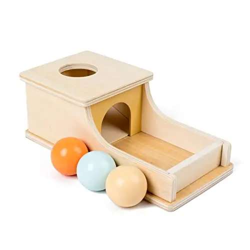 Wooden Montessori object permanence box with tray and three colored balls