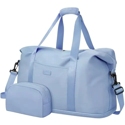 Capolo light blue expandable travel duffle bag with free toiletry bag