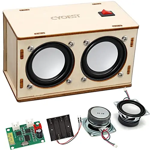 STEM Bluetooth speaker kit with wooden parts, circuit board, and speakers