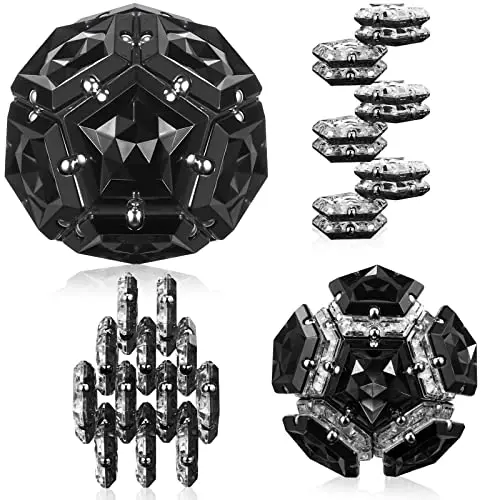Iridescent magnetic fidget sphere made of interconnected pentagonal plates, transforming in hand