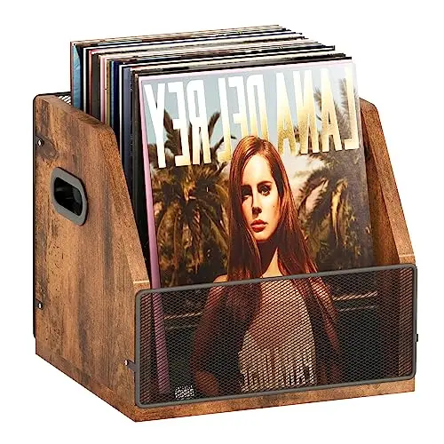 Homeiju rustic black and brown wooden and metal vinyl record storage crate with side handles