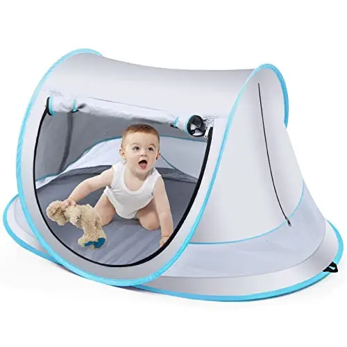Kapeazo gray pop up baby beach tent showing large interior space