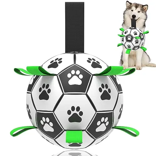 TBC PET green soccer ball dog toy with nylon straps for easy fetching