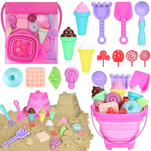 Collapsible pink ice cream themed beach toy set with molds and bucket