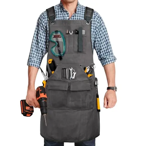 UUP Woodworking Apron in grey with multiple tool pockets and cross-back straps