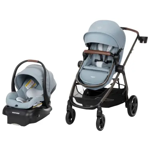 Maxi-Cosi Zelia Luxe 5-in-1 travel system in New Hope Grey, showing multiple modes
