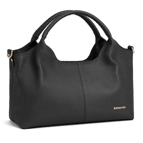 Bostanten genuine leather satchel handbag with crossbody strap and top handle in black