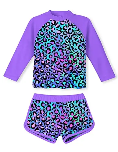 Leopard print long sleeve rash guard and swim short set for little girls