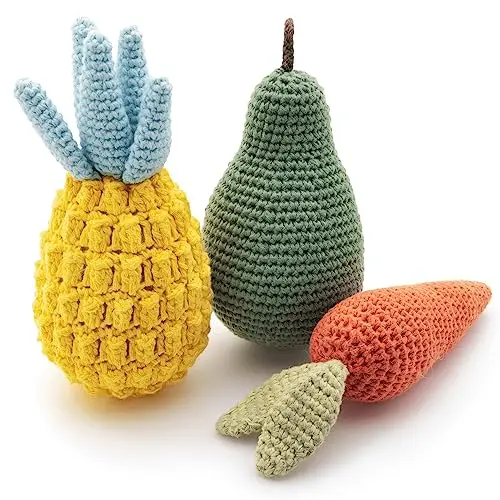 Nina Woof organic cotton dog toy set with fruit and vegetable designs