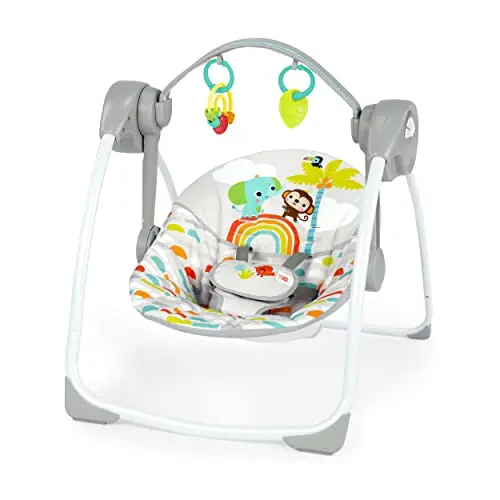 Bright Starts Playful Paradise portable baby swing with a toy bar, shown in a colorful pattern.