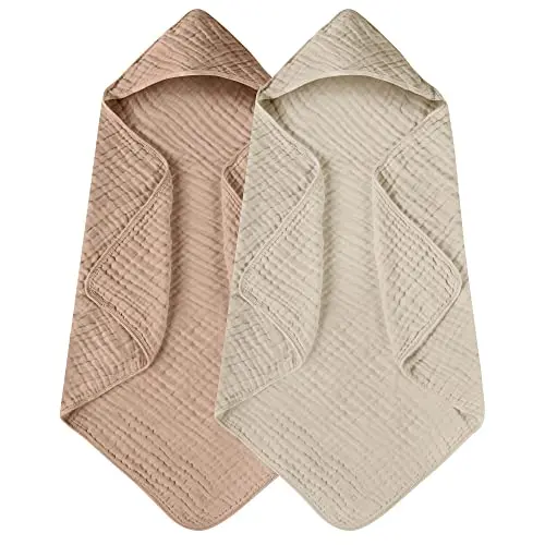 Yoofoss organic muslin hooded baby towels 2-pack in beige and coffee