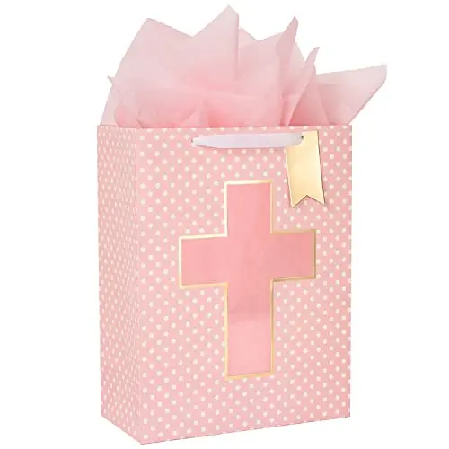 Loveinside pink polka dot gift bag with a cross-shaped cut-out window, ribbon handles, and included tissue paper.