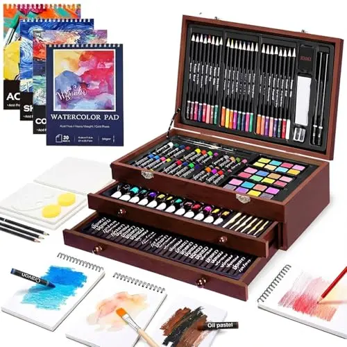Cool Bank 194 piece deluxe wooden art set with acrylic paints, canvases, and multiple pads