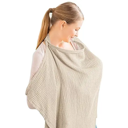 Konssy muslin nursing cover with rigid hoop neckline in Summer Wheat