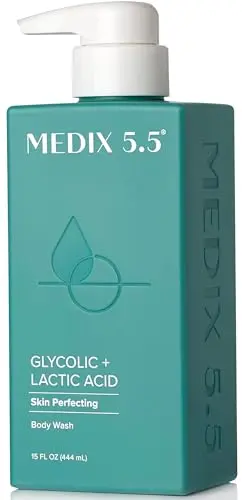 Medix 5.5 Exfoliating Body Wash bottle with pump, showing clear gel texture