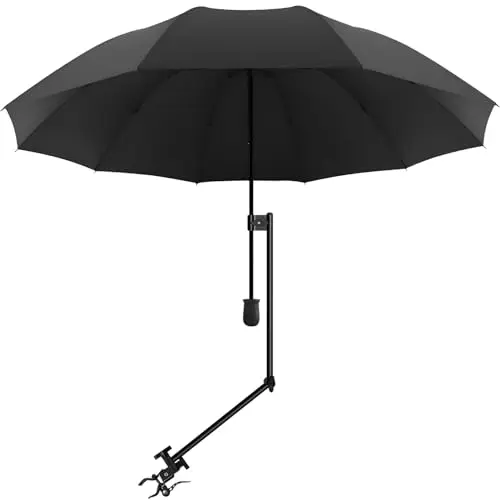 XLINGZA black beach umbrella with universal clamp on a stroller