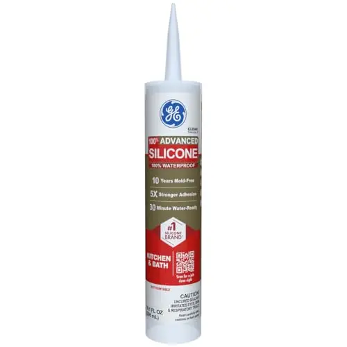 GE Advanced Silicone Caulk clear cartridge on a kitchen counter