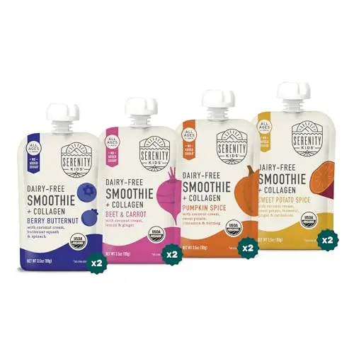 Serenity Kids dairy-free smoothie baby food pouches with collagen protein