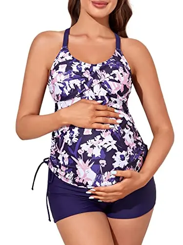 MiYang blue bouquet print maternity tankini top with criss-cross back and tie-side bottom