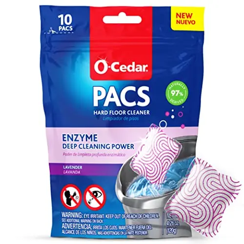 O-Cedar PACS Lavender Hard Floor Cleaner pods next to a mop bucket