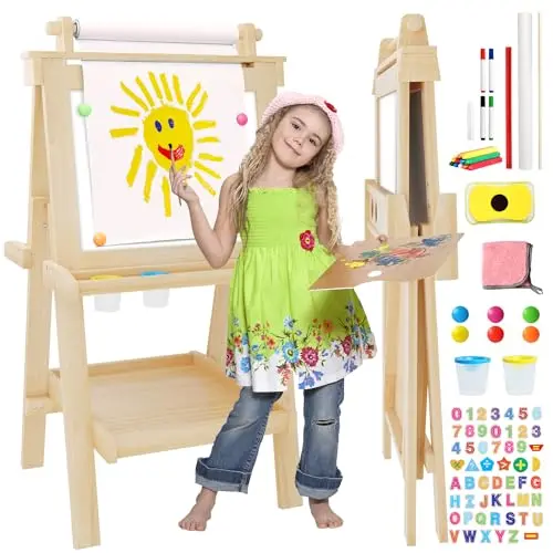 JUZBOT natural wood foldable kids easel with magnetic chalkboard and whiteboard
