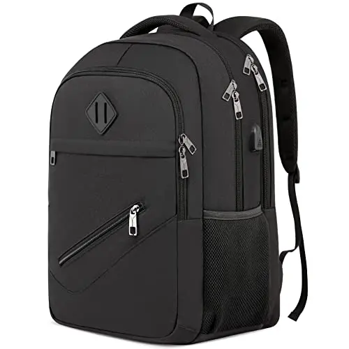 Modern black backpack with USB charging port and multiple compartments for school and travel