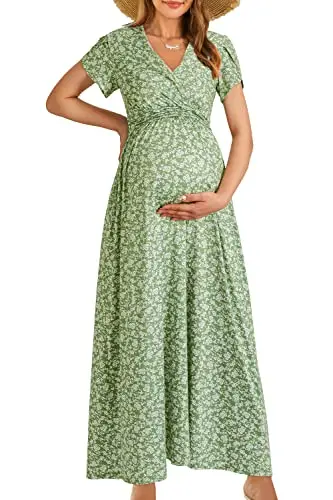 OUGES floral print wrap V-neck maternity maxi dress