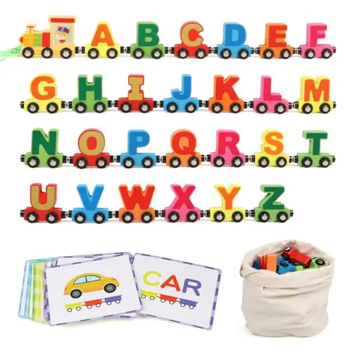 Wondertoys wooden alphabet train set with magnetic cars and word cards