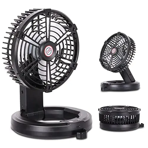 RUNTOP foldable black camping fan with LED light hanging in a tent