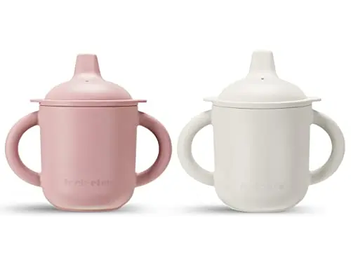 Leeleelon leak-proof silicone sippy cups for baby in pink and beige