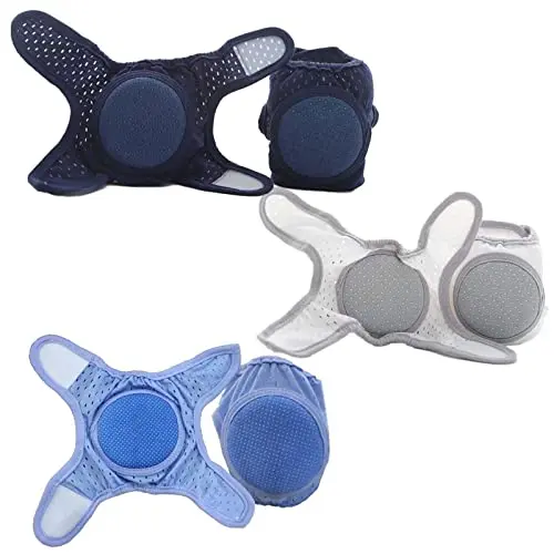 Little World adjustable 3-pack baby knee pads in gray, purple, and blue with velcro closure