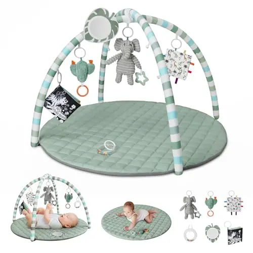 Blissful Diary Baby Play Gym Mat in Sage Green with Hanging Toys