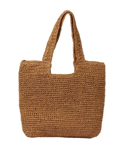 Goldtimo Brown Handwoven Straw Beach Bag with zipper and lining