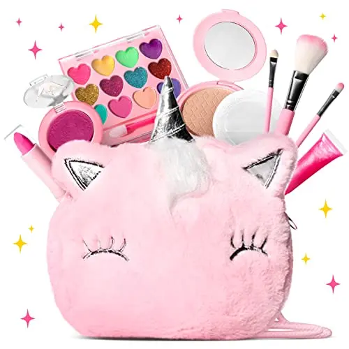ULOVEME Kids Real Makeup Kit with fluffy unicorn purse