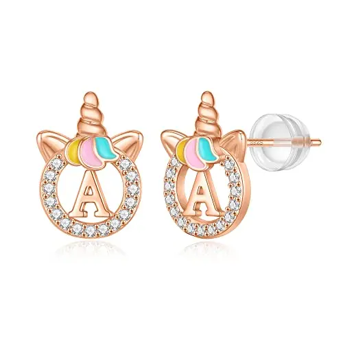 Delicate unicorn and letter initial stud earrings for girls made with sterling silver and cubic zirconia