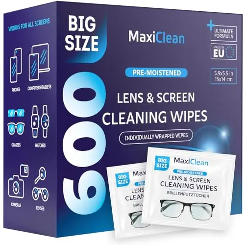 Maxi Clean lens wipes box with 600 large-sized wipes