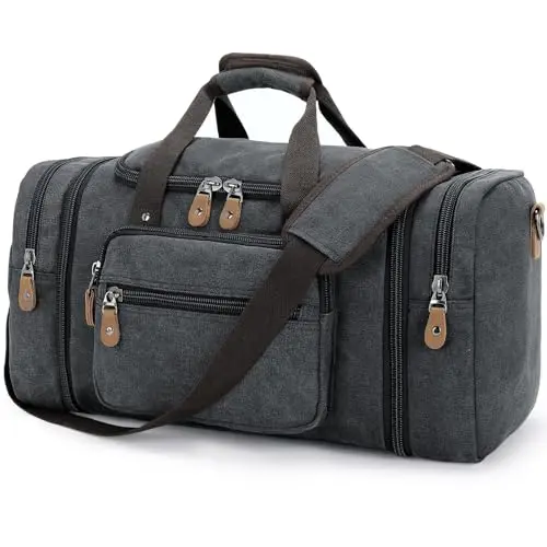 Gonex expandable canvas duffel bag in dark gray with multiple pockets