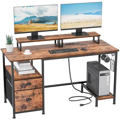 Furologee 47-inch desk with two movable monitor stands and built-in charging station