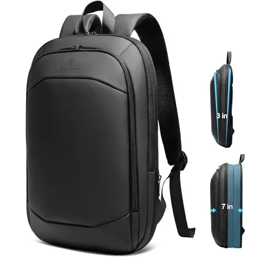 hk slim black expandable laptop backpack showing compressed and expanded states
