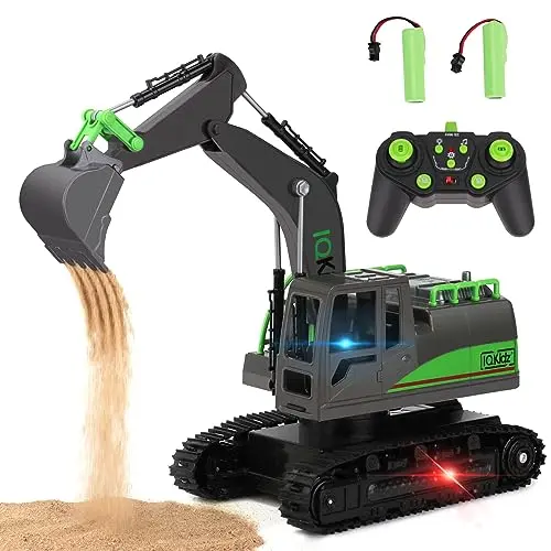 Yellow remote control excavator toy with a metal shovel