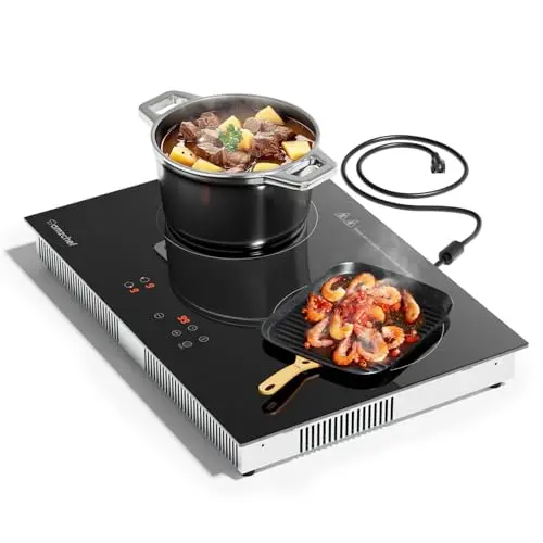 AMZCHEF induction cooktop with two burners on a ceramic glass surface, suitable for countertop or built-in use.